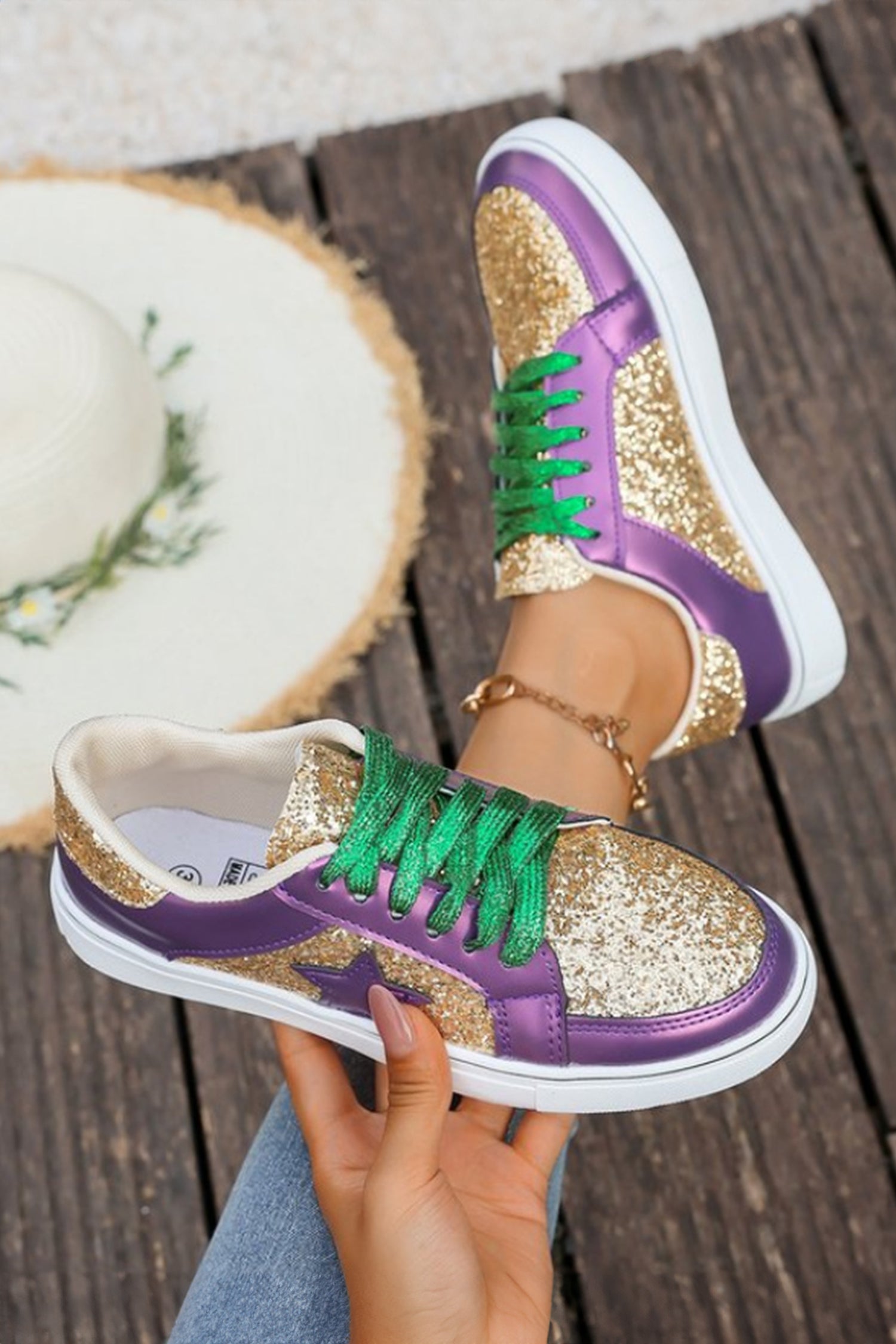 Dearlove Gold Glitter Star Patchwork PU Leather Lace-up Sneakers