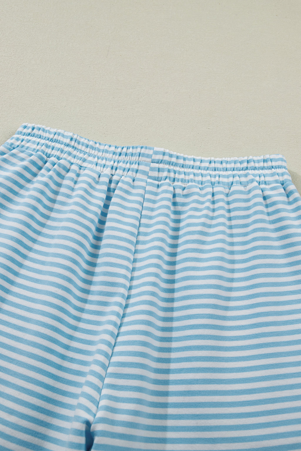 Sky Blue Stripe Cuffed Sleeve Contrast Mock Neck Tee Casual 2pcs Short Set