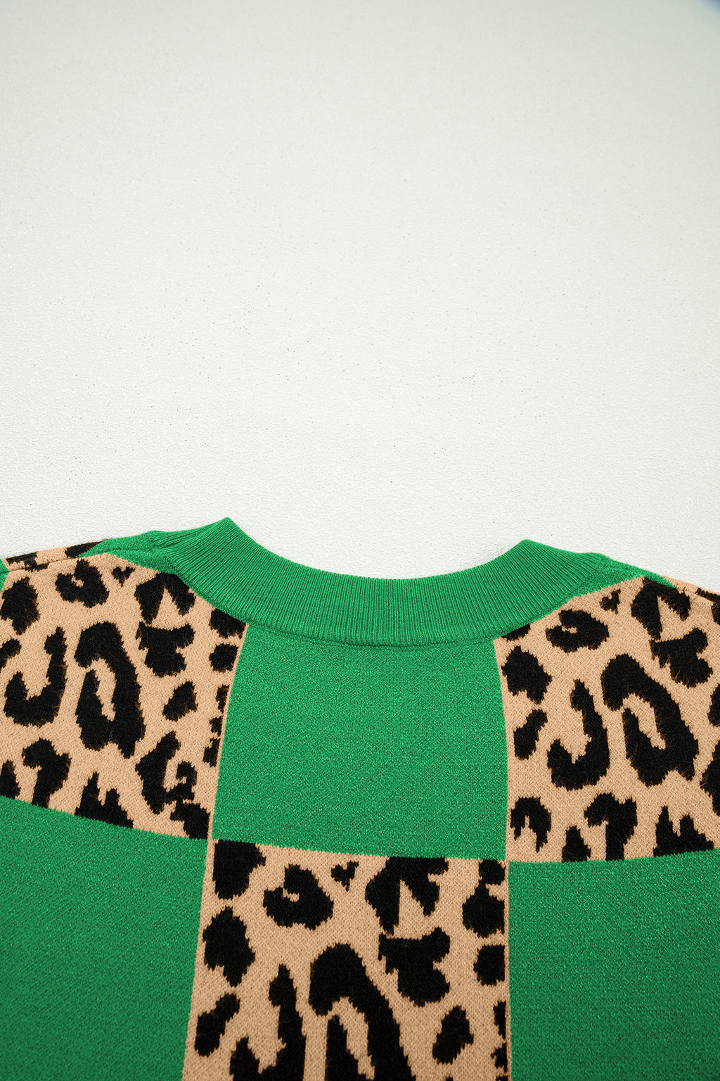 Rose Red Leopard Checkerboard Short Sleeve Knit Sweater