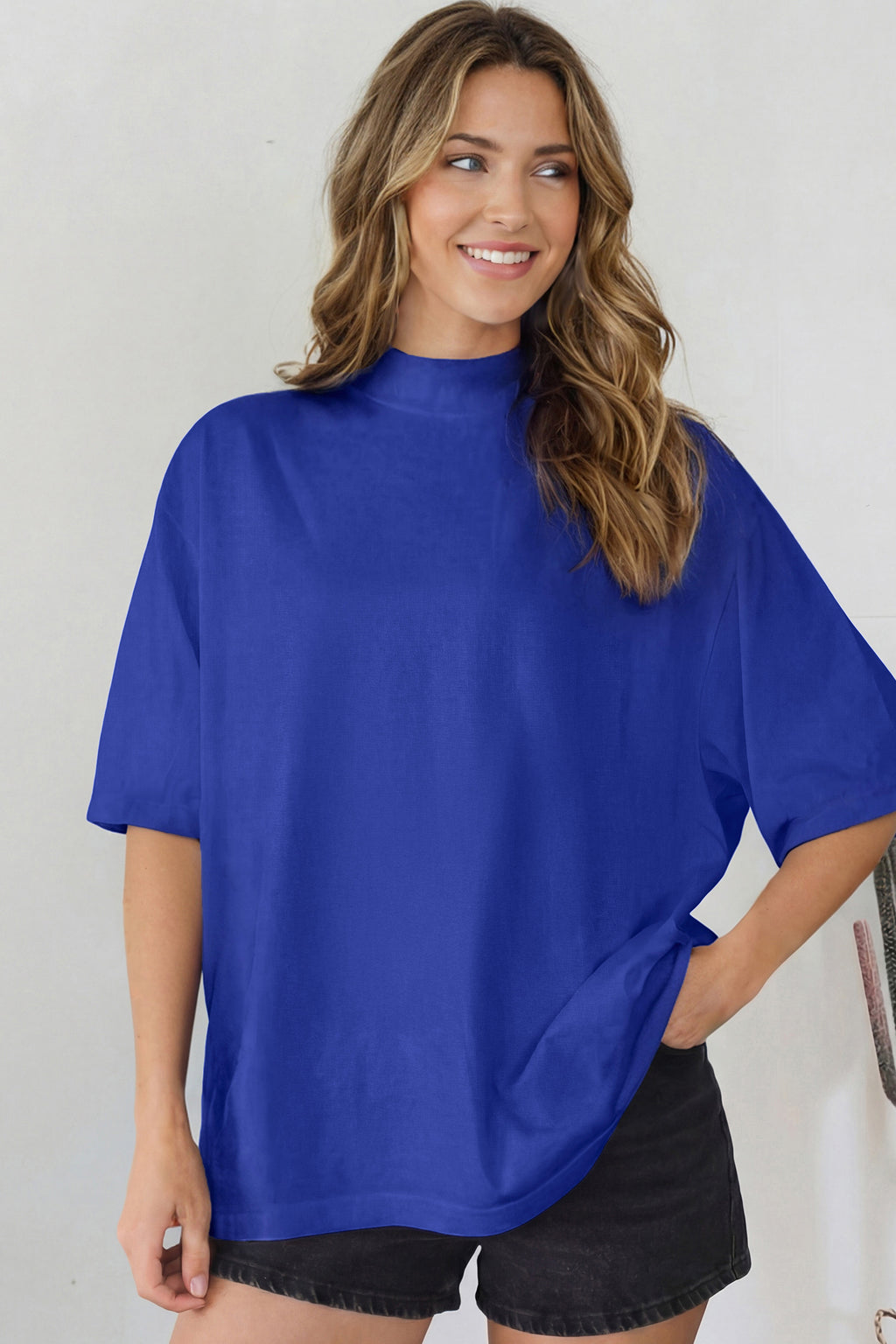 Beau Blue Solid Color High Neck Oversize Tee