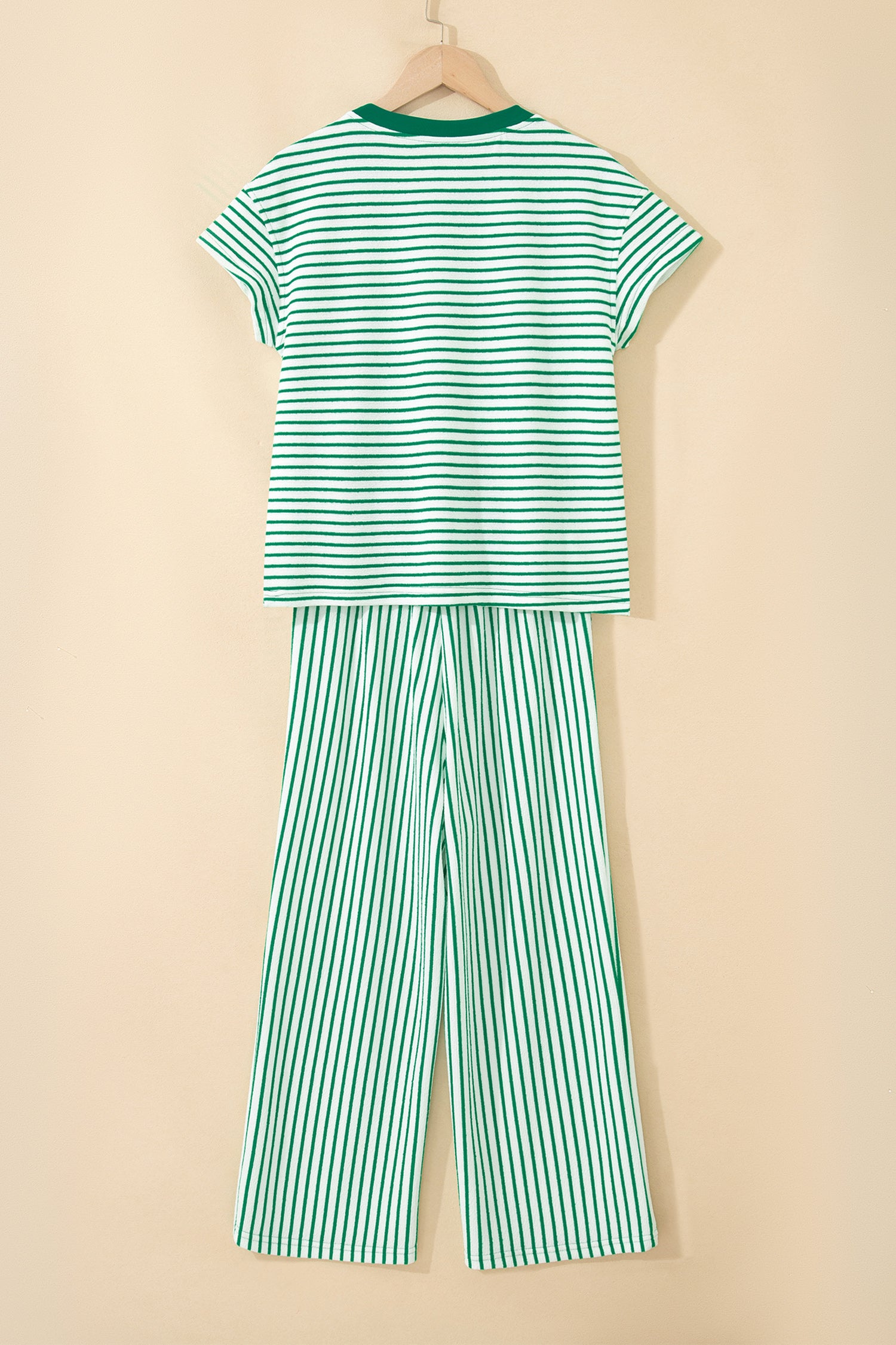 Sky Blue Stripe Crew Neck Tee Drawstring Waist Cropped Pants Set