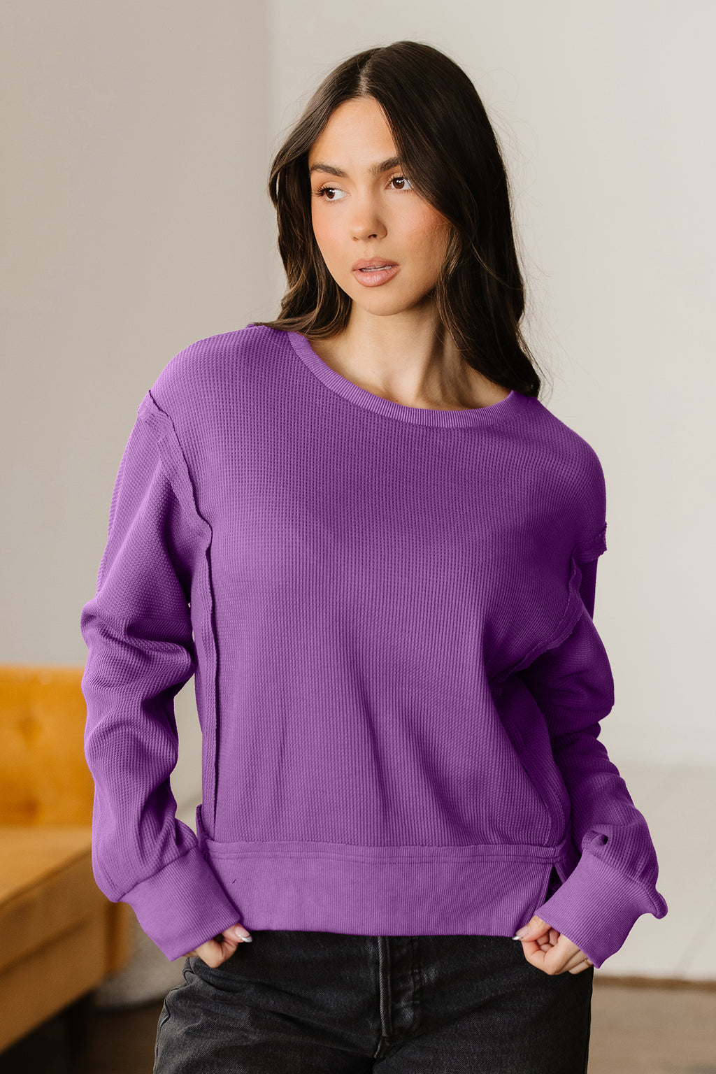 Orchid Mist Solid Color Raw Seam Patchwork Ribbed Drop Shoulder Sweatshirt