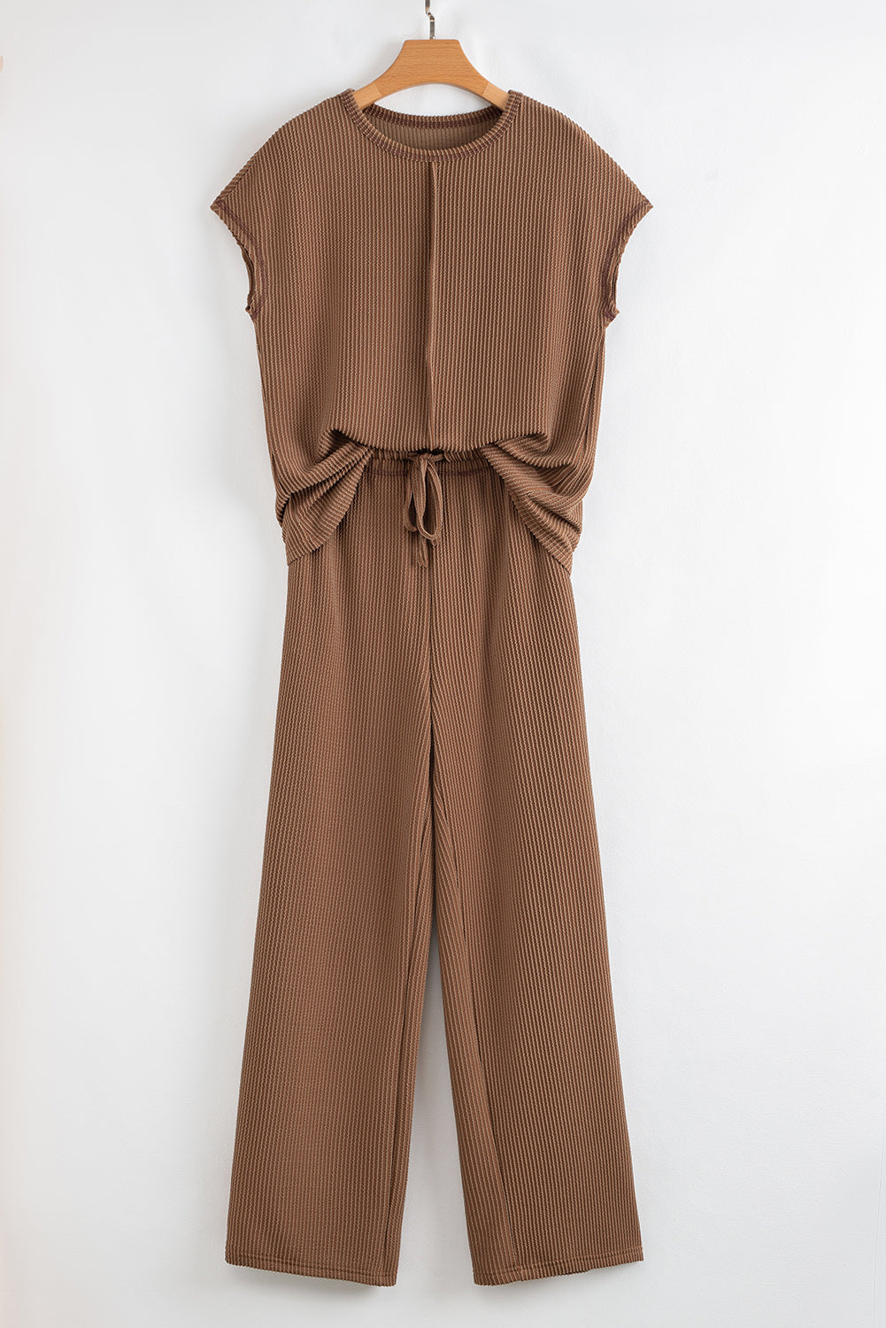 Coffee Solid Color Corded Short Sleeve Top and Casual Pants Set