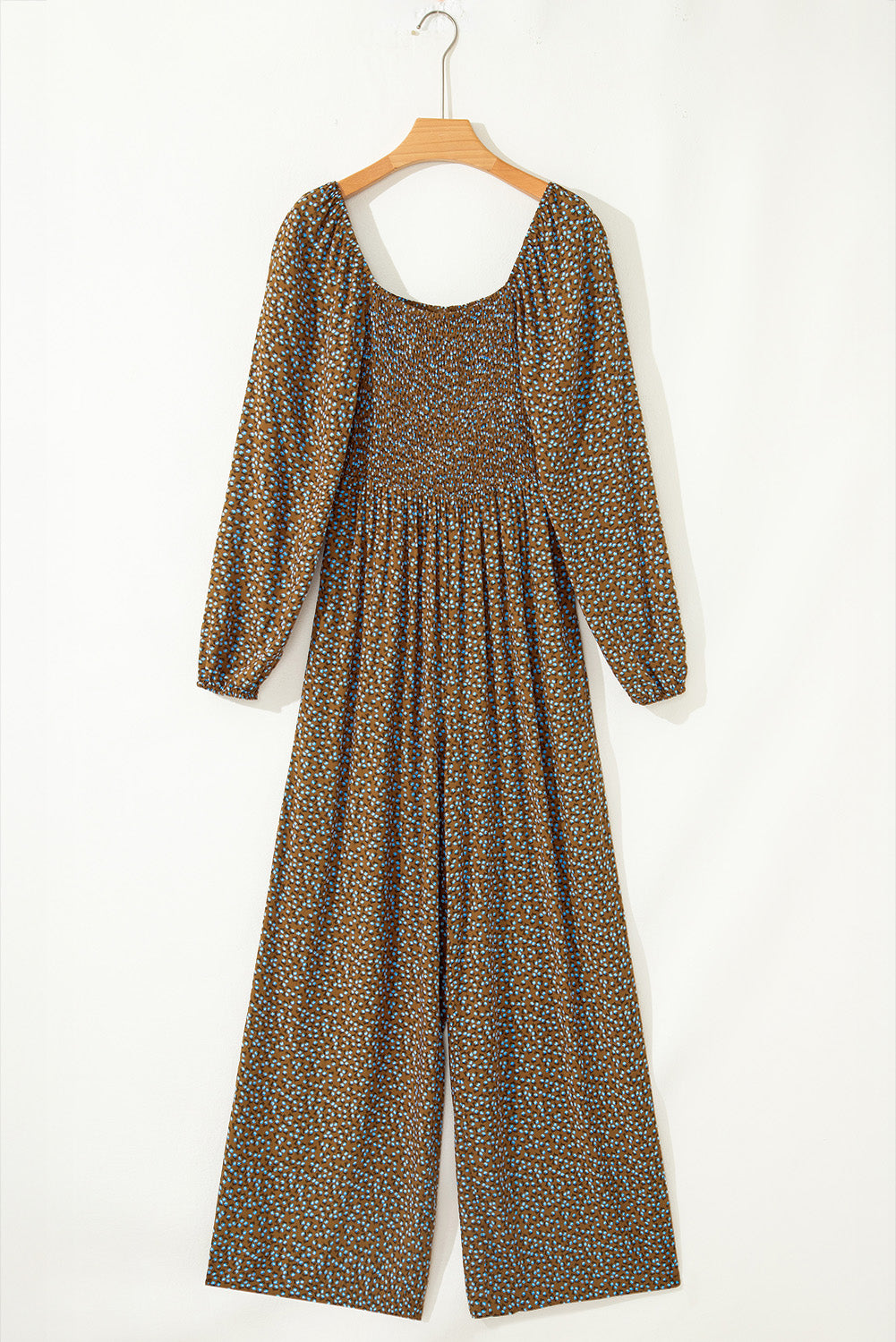 Brown Floral Print Western Smocked Bodice Square Neck Wide Leg Jumpsuit