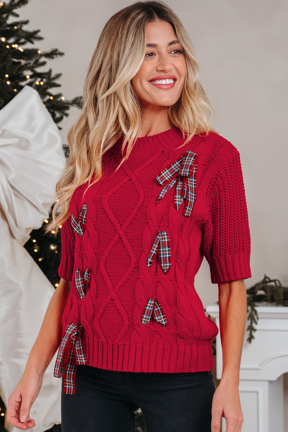 Fiery Red Plaid Lace up Detail Christmas Holiday Puff Short Sleeve Sweater