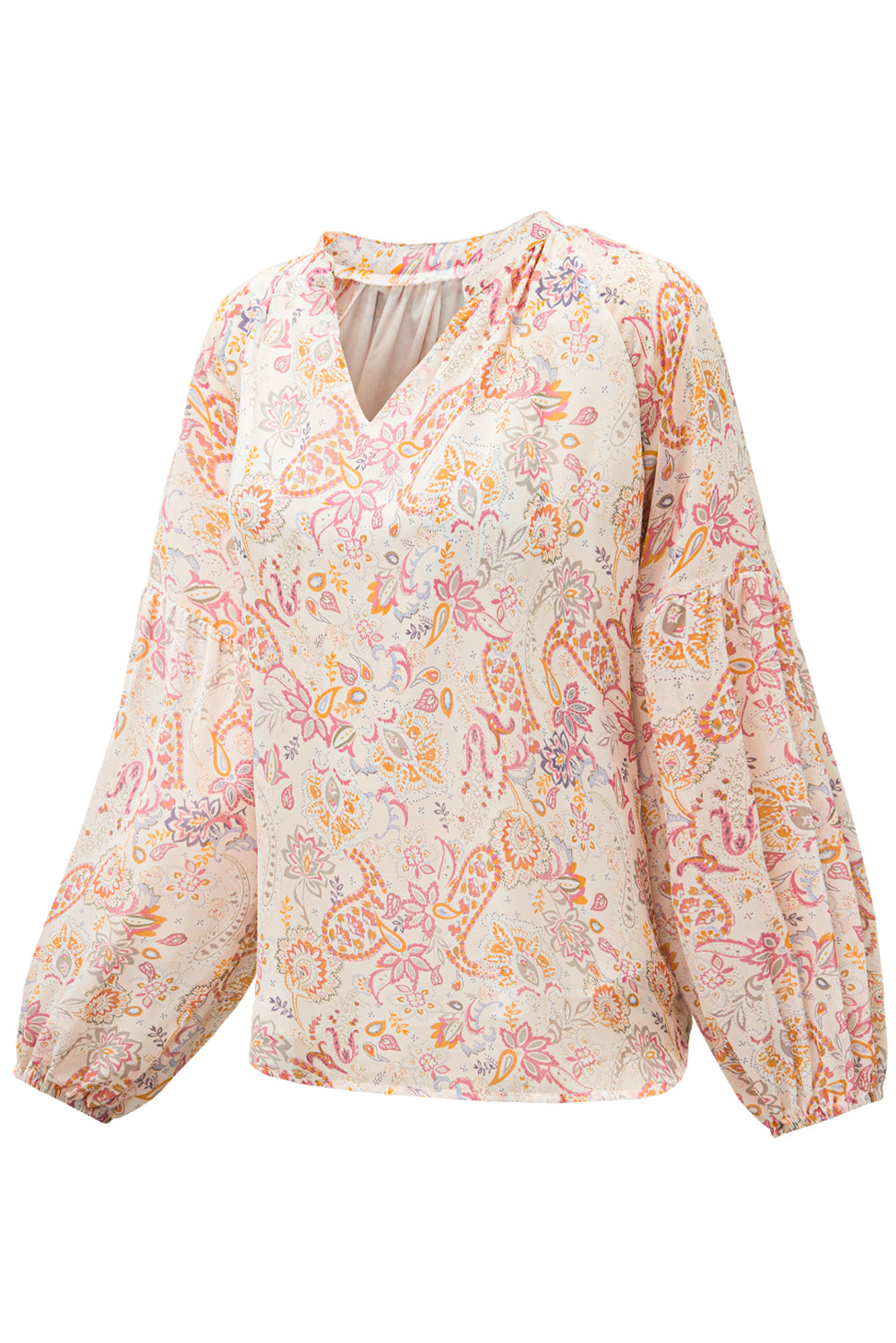 Golden Apricot Floral Print V Neck Long Puff Sleeve Top