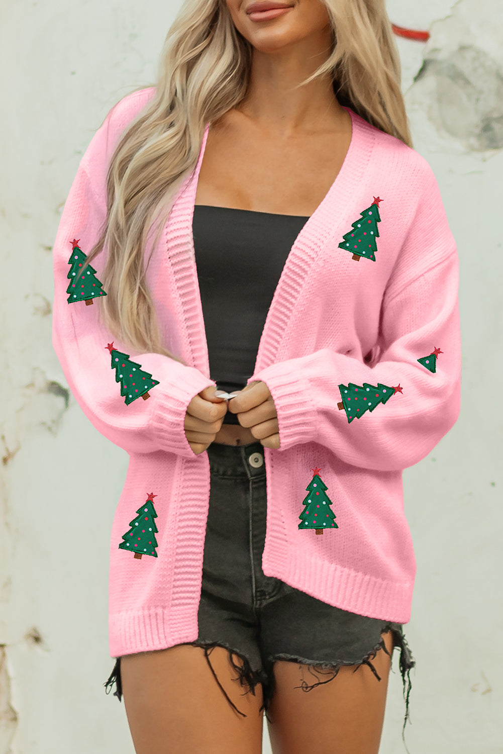 Light Pink Christmas Tree Print Open Front Drop Shoulder Midi Cardigan