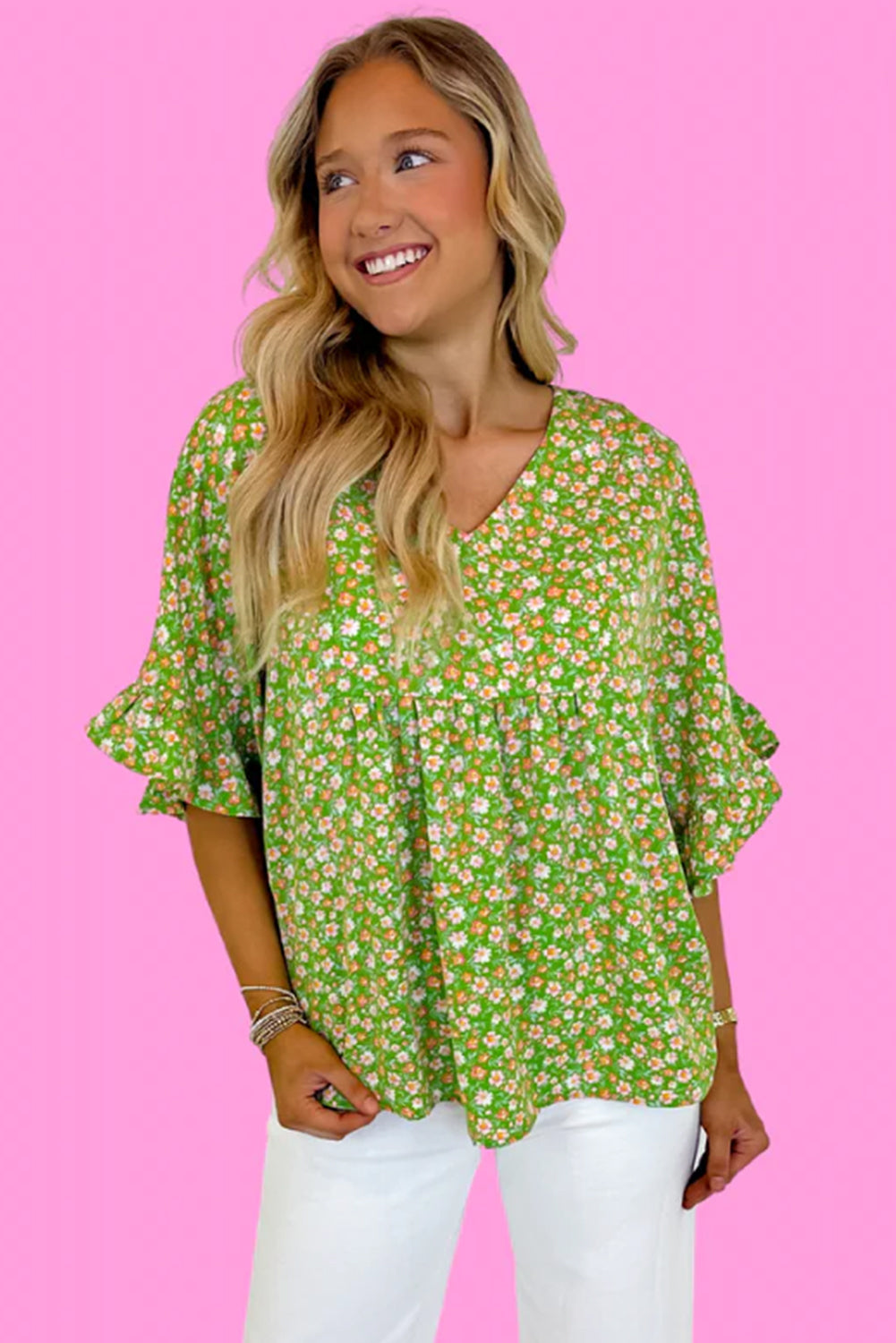 Green Floral Print Ruffle Sleeve V Neck Blouse Top