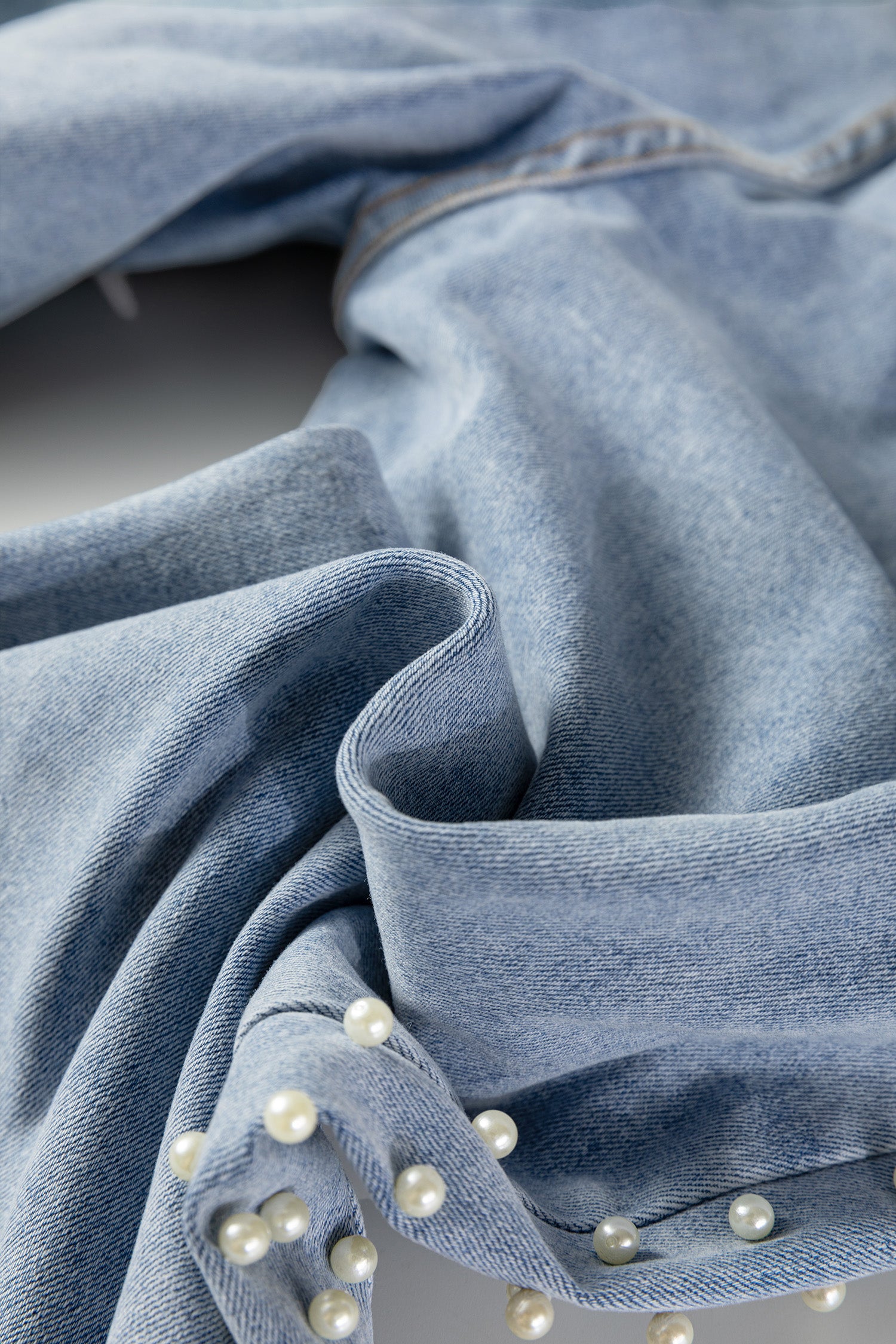 Beau Blue Mid Rise Pearl Embellished Split Wide Leg Jeans