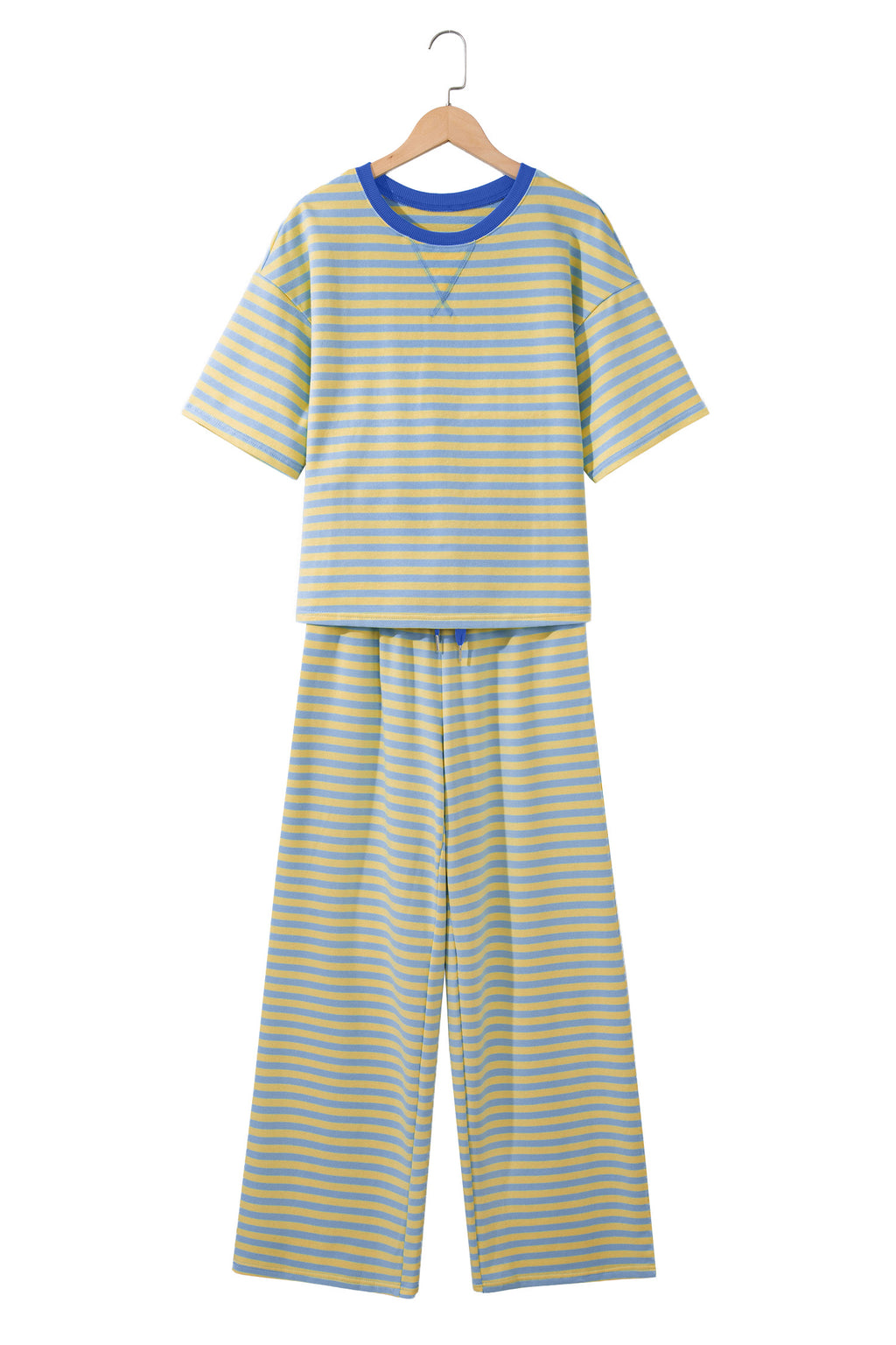 Pink Stripe Colorblock Trim Crew Neck Loose Tee Drawstring Elastic Waist 2pcs Pant Set
