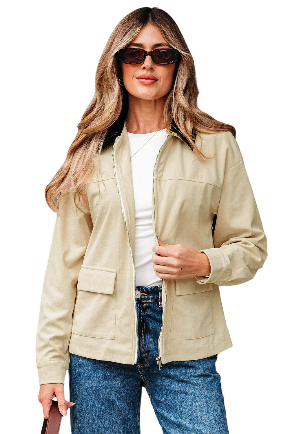 Parchment Contrast Leather Collar Textured Zip Up Jacket