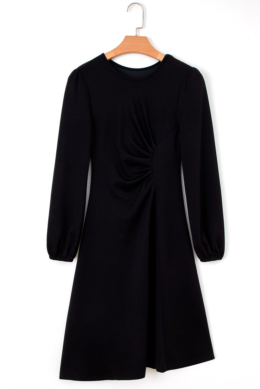 Burgundy Solid Color Ruched Detail Long Sleeve Midi Dress
