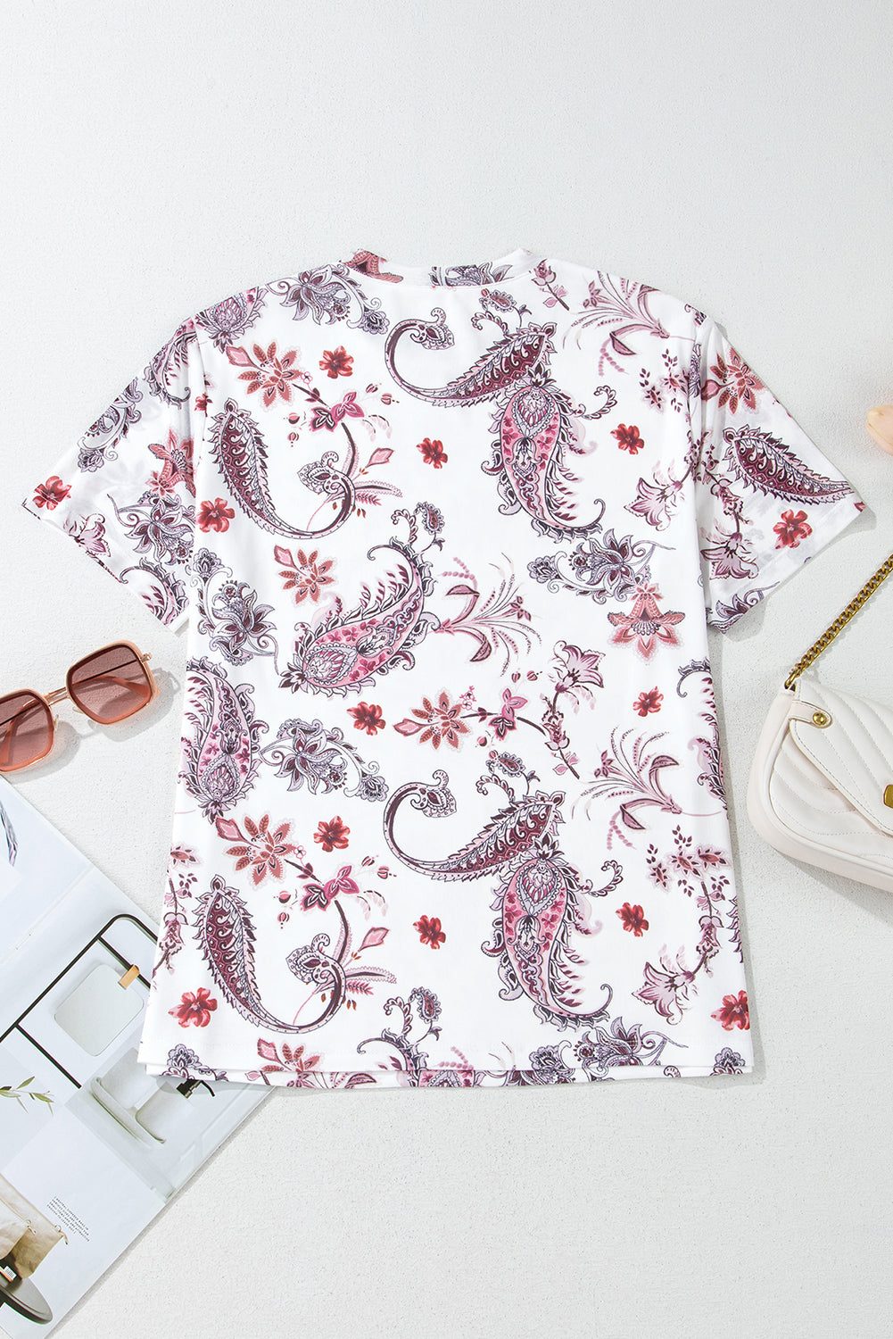 White Vintage Paisley Mock Neck T Shirt