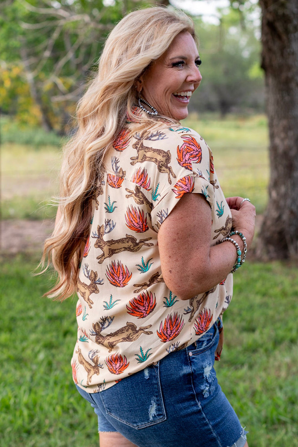 Khaki Plus Size Western Pattern Print Buttoned Short Sleeve Shirt