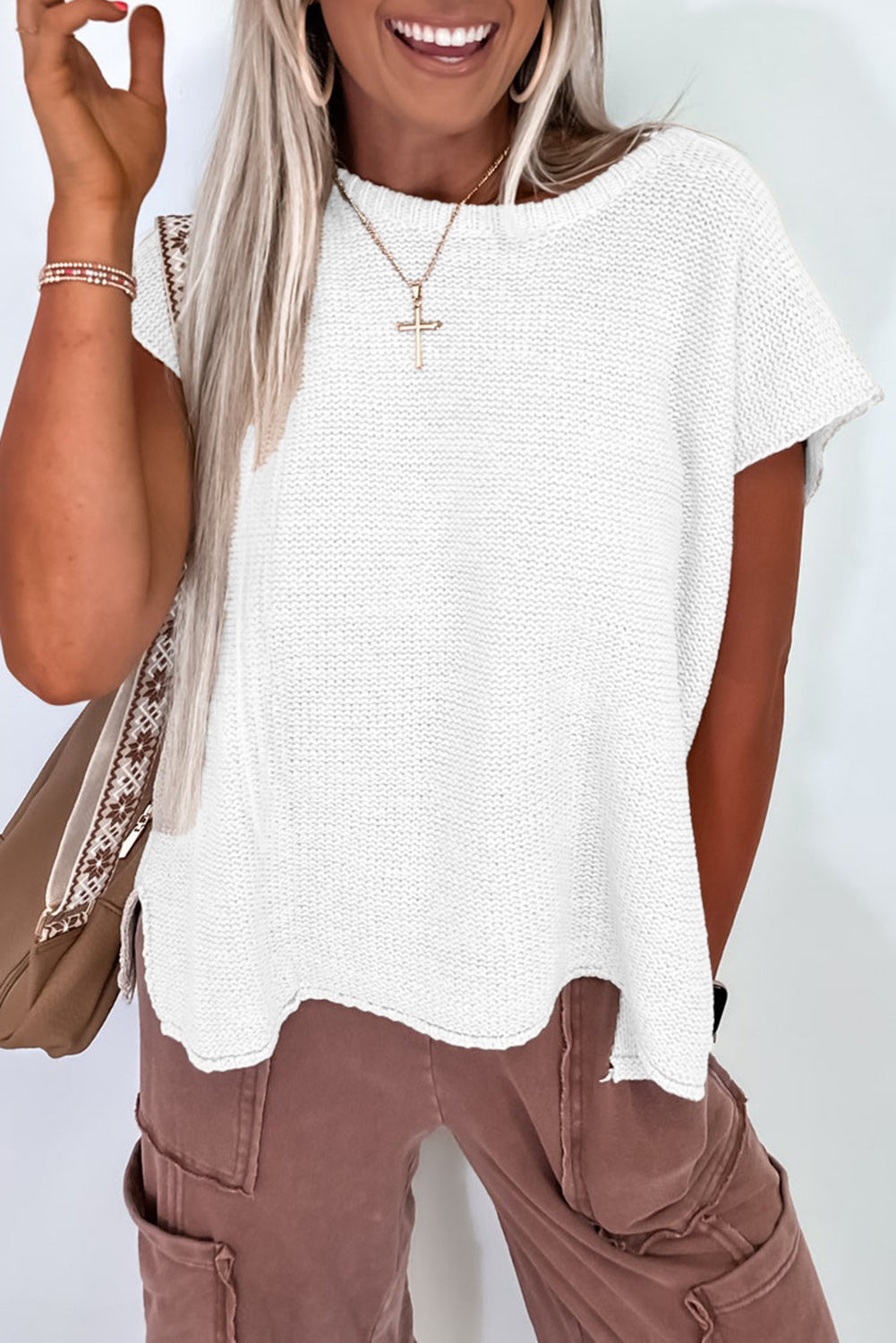 Sachet Pink Solid Color Sweater Tee with Side Slits