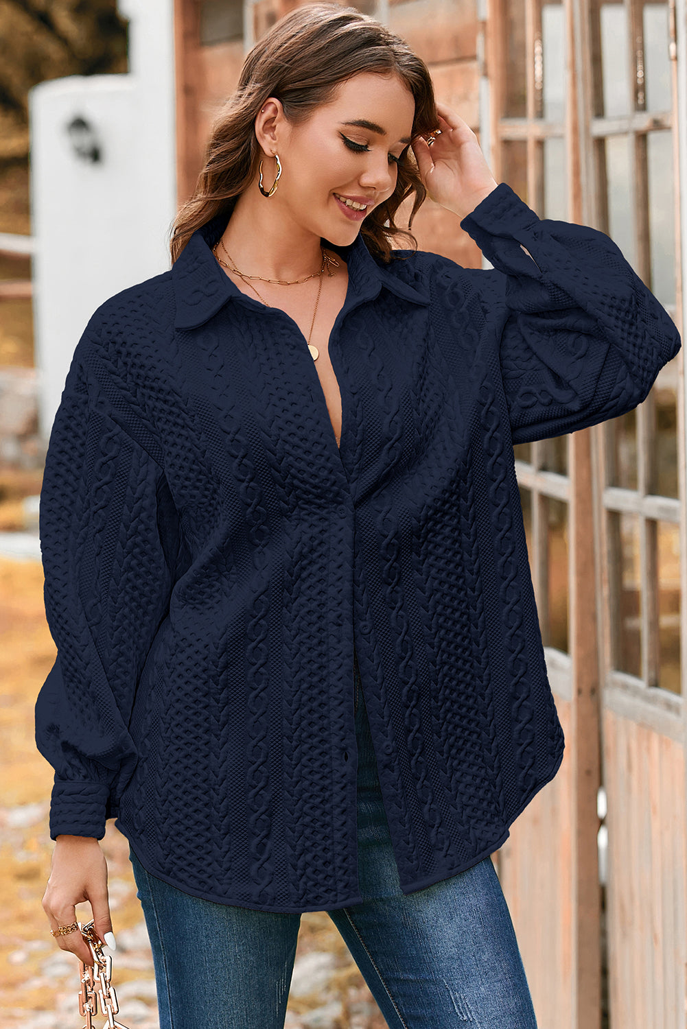 Black Cable Texture Puff Sleeve Loose Shacket