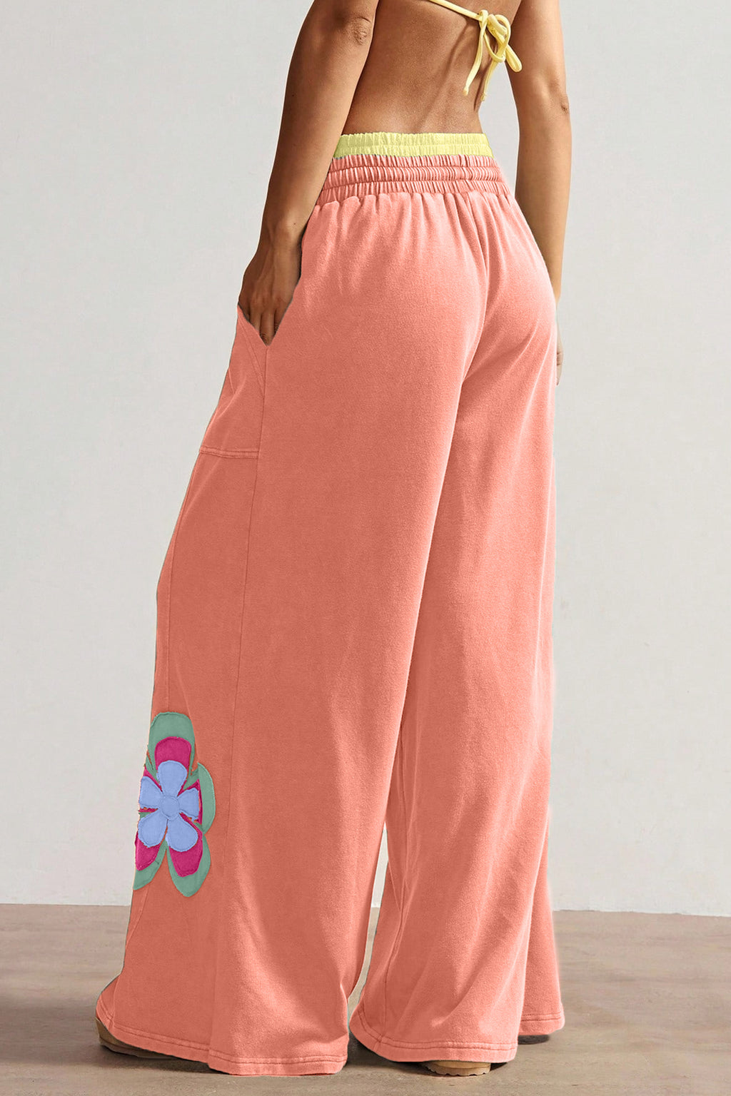 Sky Blue Color Block Flower Patchwork Drawstring Contrasted Elastic Waist Wide Leg Pants