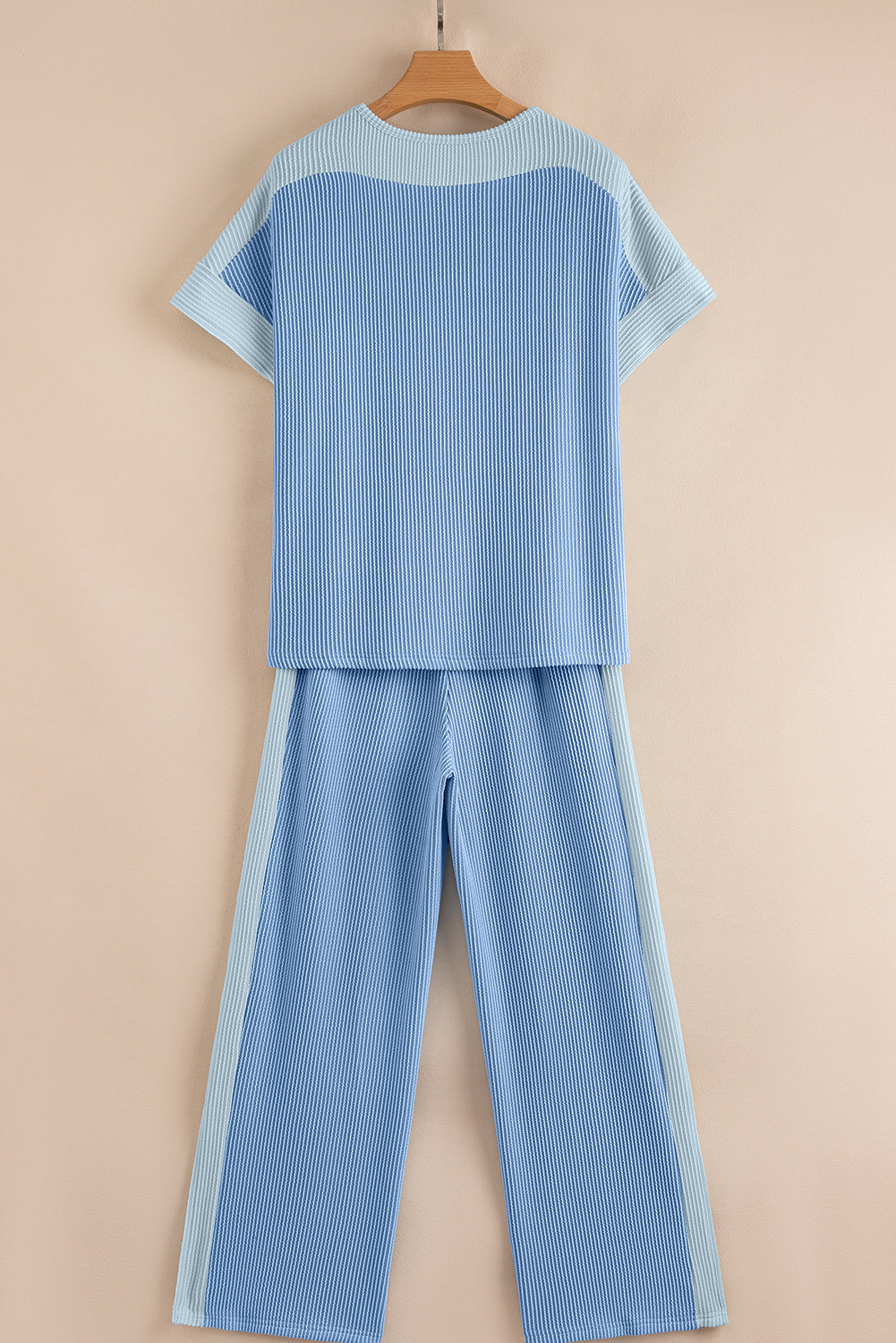 Sky Blue 2-tone Colorblock Patchwork Corded 2pcs Outfit