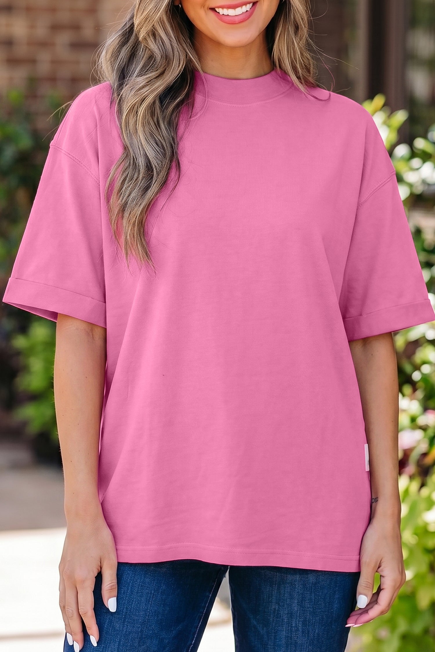 Beau Blue Solid Color High Neck Oversize Tee