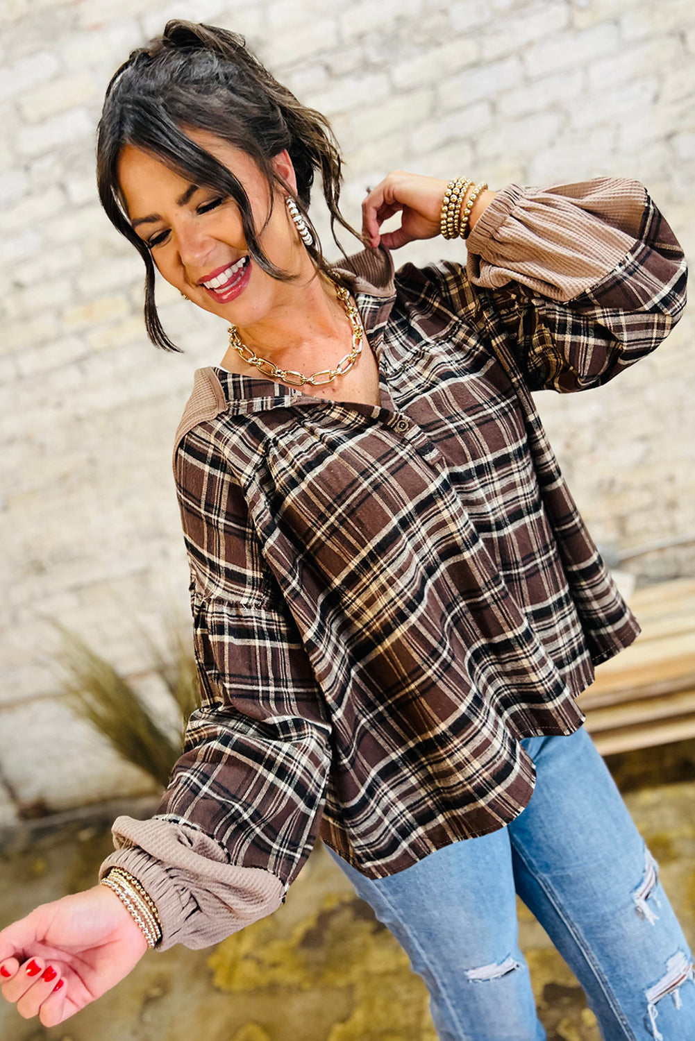 Brown Plaid Patchwork Long Sleeve Button Hooded Blouse
