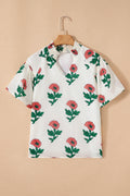 Beige Floral Print Shirred Split Neck Short Sleeve Blouse