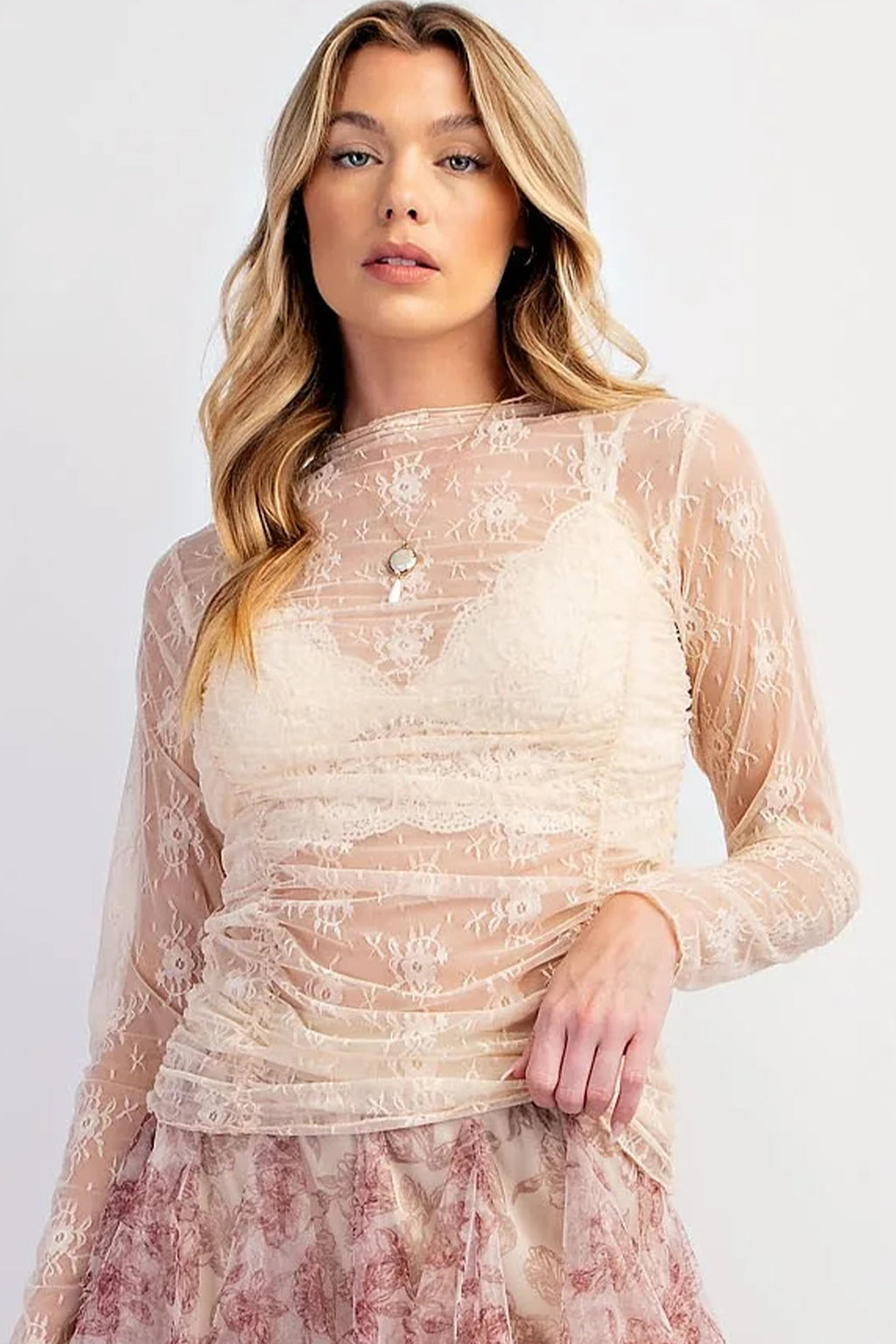 Jet Stream Sheer Floral Mesh Ruched Long Sleeve Top