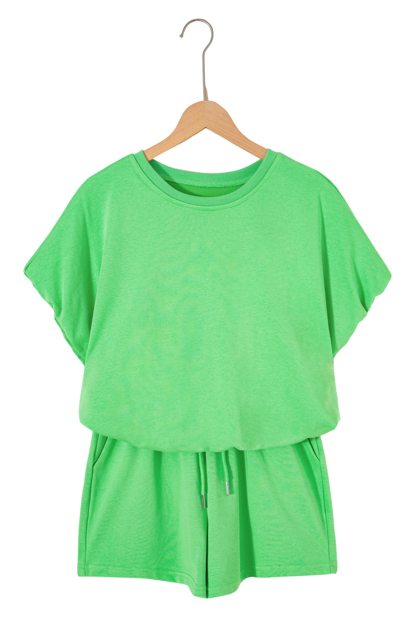 Light Blue Solid Color Puffy Loose Top Drawstring Shorts 2pcs Outfit