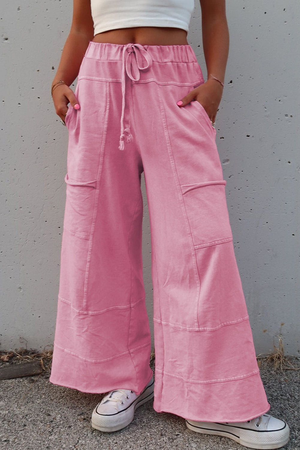 Mint Green Mineral Wash Exposed Seam Drawstring High Waist Wide Leg Cargo Pants