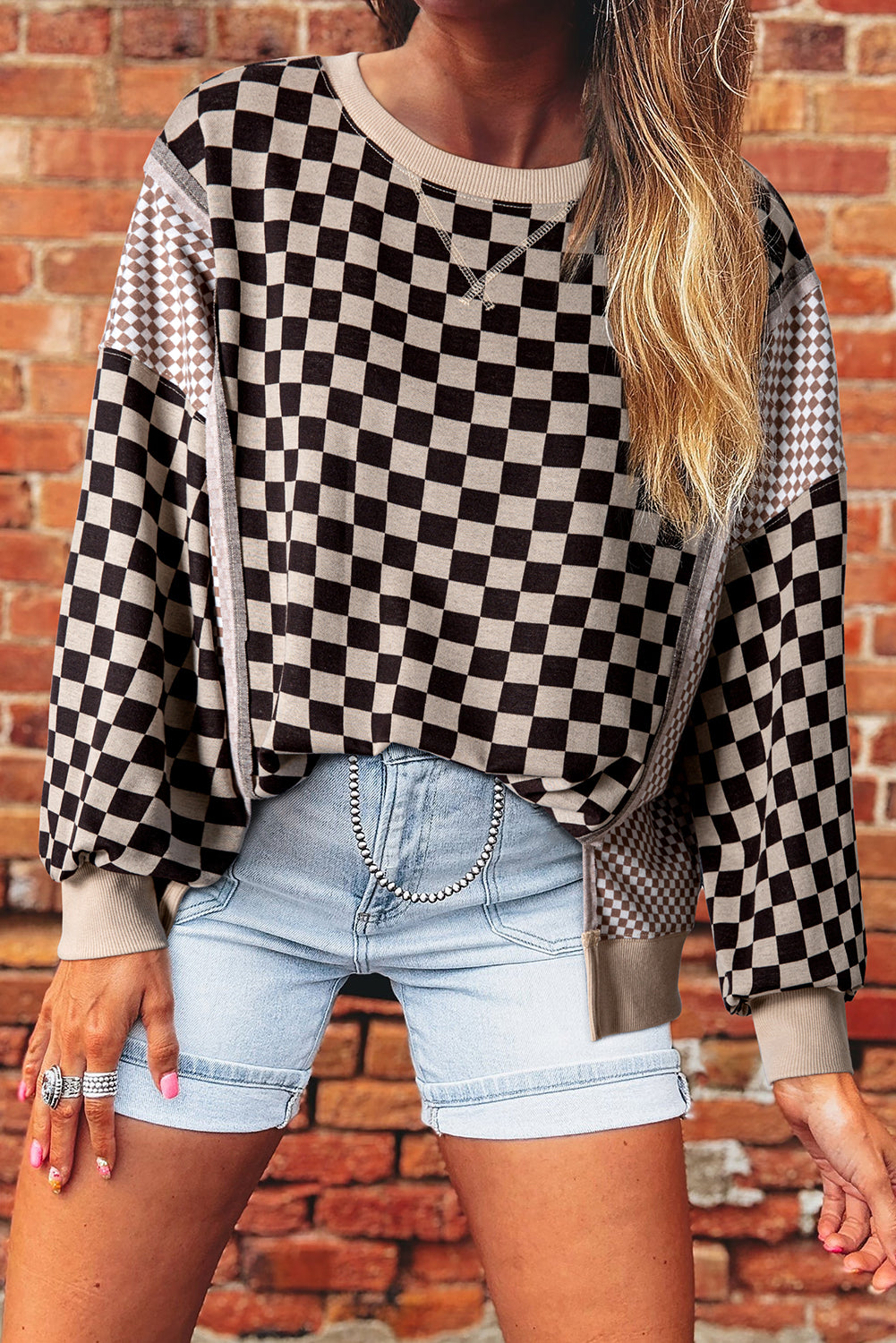 Khaki Mixed Checkered Pattern Patchwork High Low Casual Top