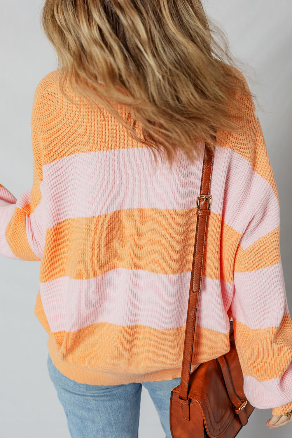 Orange Stripe Colorblock Half Zip Oversize Sweater