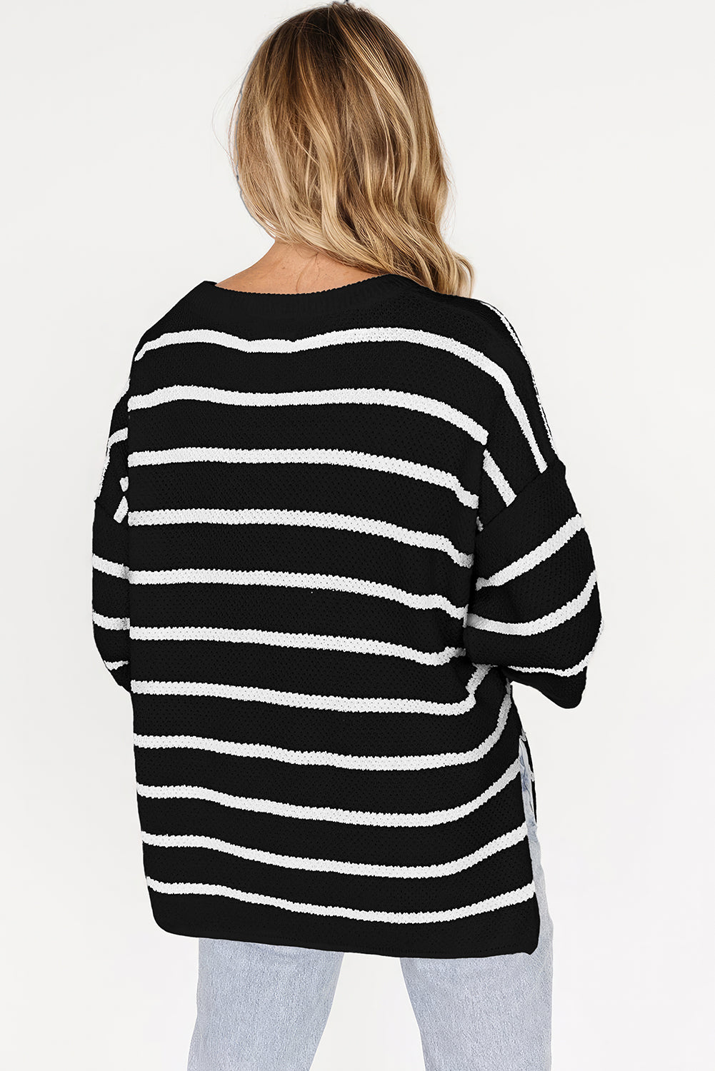 Green Stripe Henley Buttoned Placket Drop Shoulder Bracelet Sleeve Knit Sweater Tee