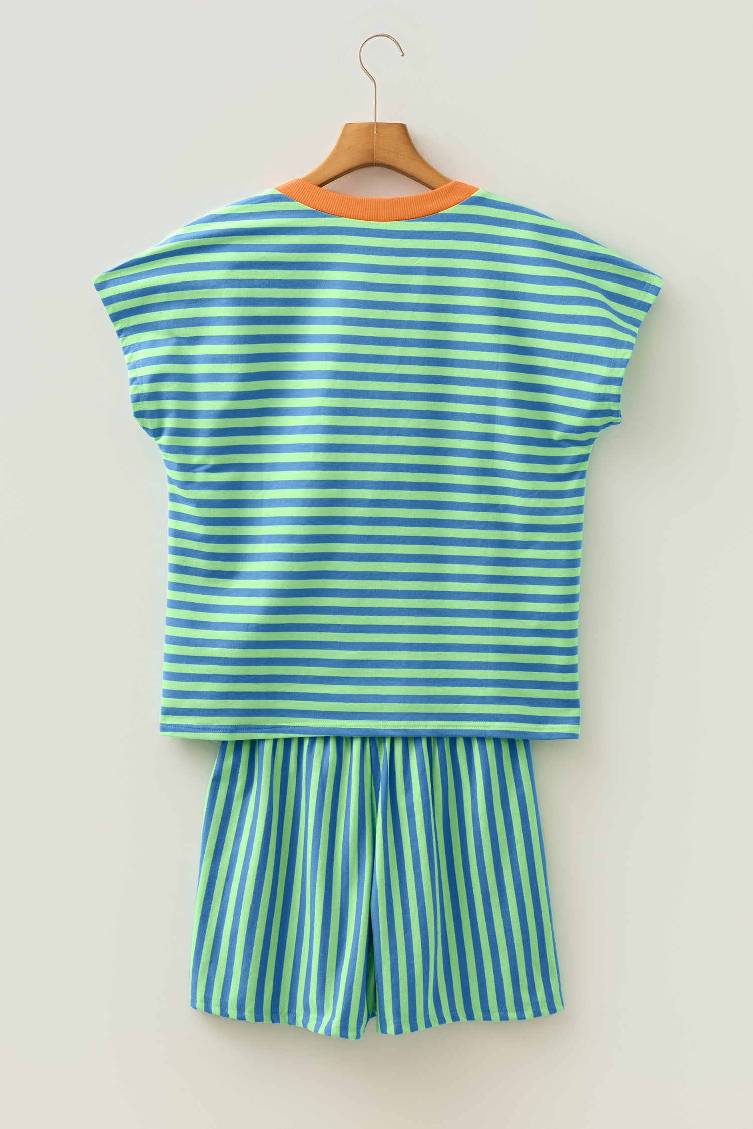 Green Stripe Colorblock Trim V Neck Tee Drawstring Elastic Waist Short Set