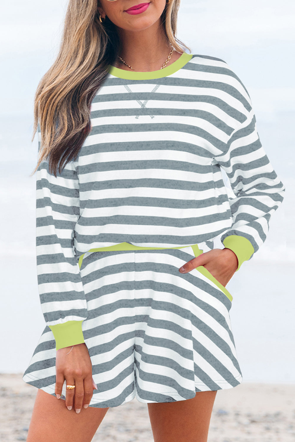 Black Stripe Contrast Ribbed Banding Long Sleeve Blouse Loose Shorts Set