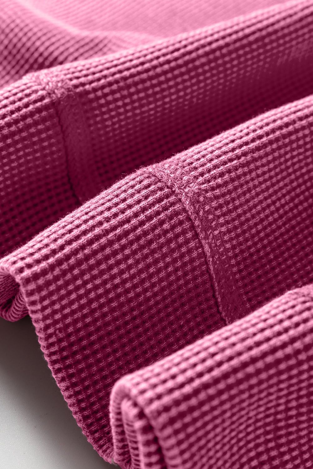 Bright Pink Waffle Knit Patchwork Long Sleeve Loose Top