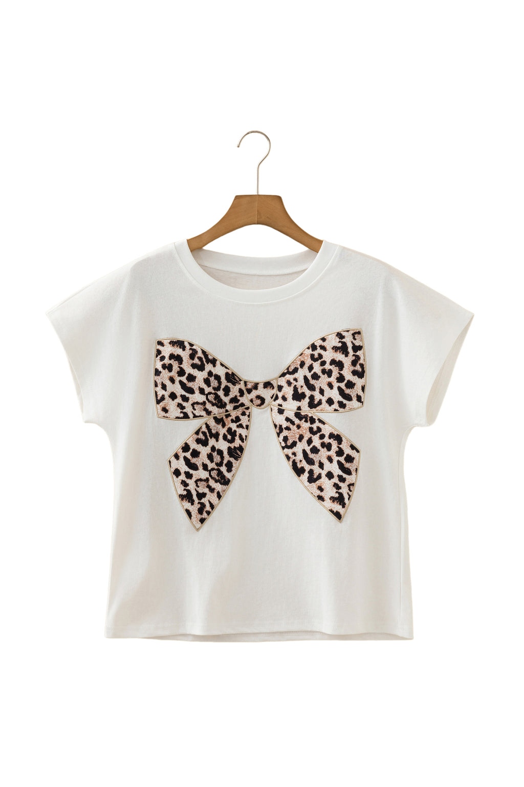 White Leopard Bow Embroidered Cotton Round Neck T Shirt