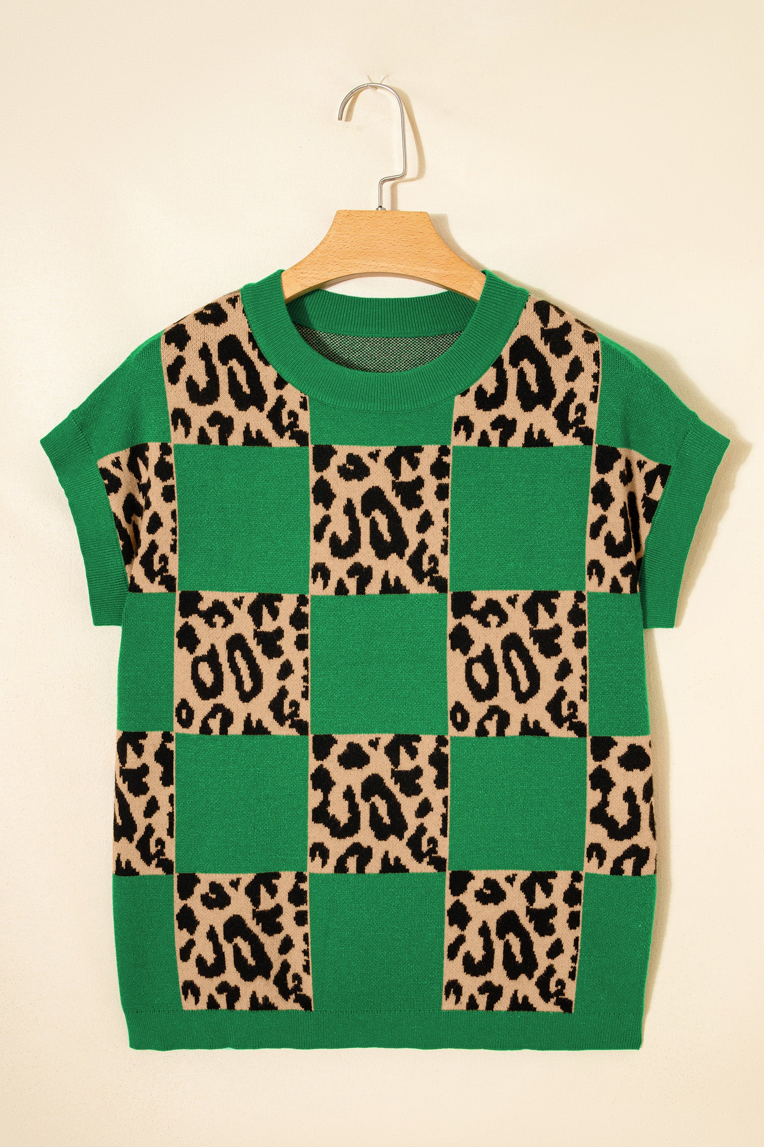 Rose Red Leopard Checkerboard Short Sleeve Knit Sweater