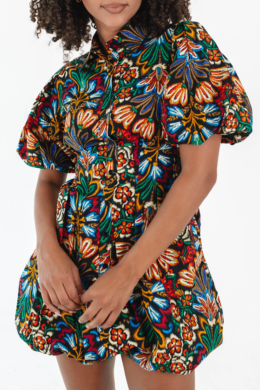 Multicolour Floral Puff Short Sleeve Shirt Mini Dress