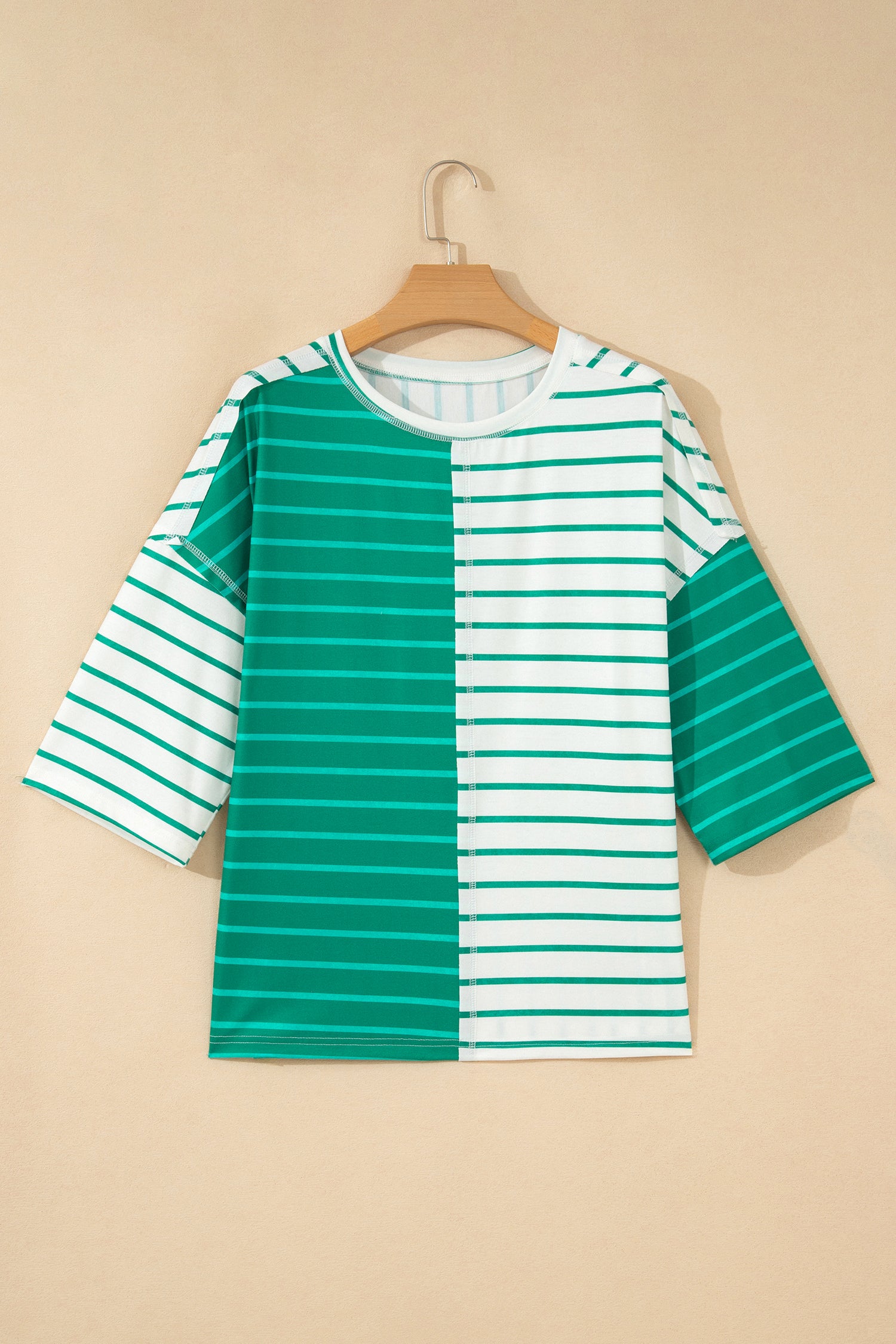 Pink Stripe Colorblock 3/4 Sleeve Loose T Shirt