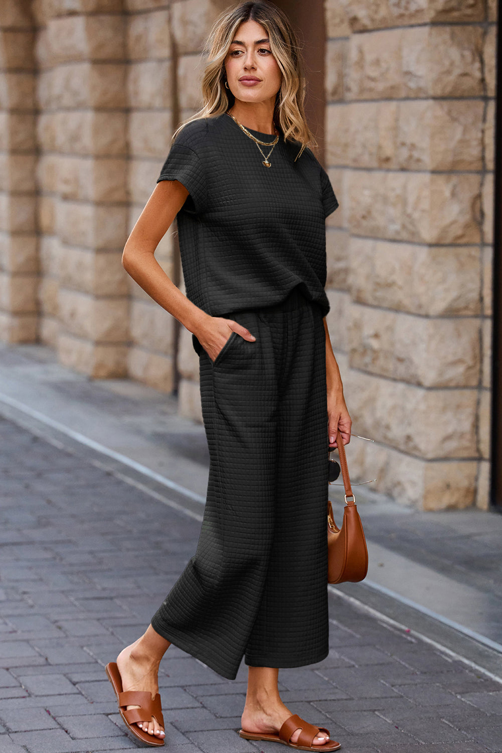 Parchment Solid Color Textured Short Sleeve Top and Casual Pants Set
