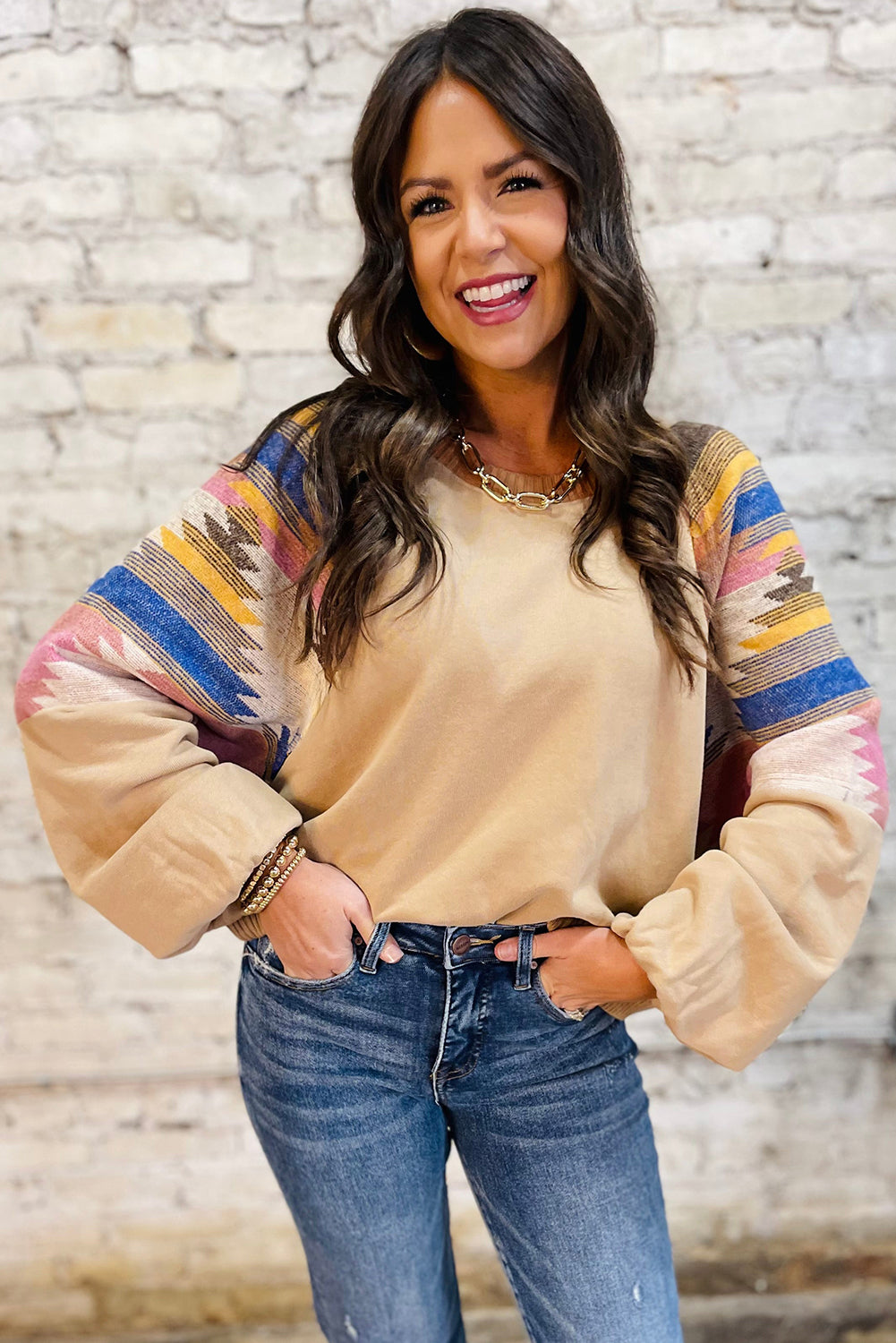 Light French Beige Aztec Patchwork Raglan Pullover Sweatshirt