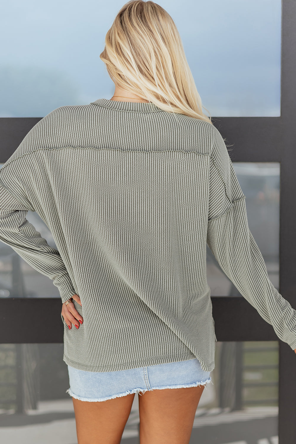 Green Bay Twist Ribbed Exposed Seam Detail Long Sleeve Loose Top