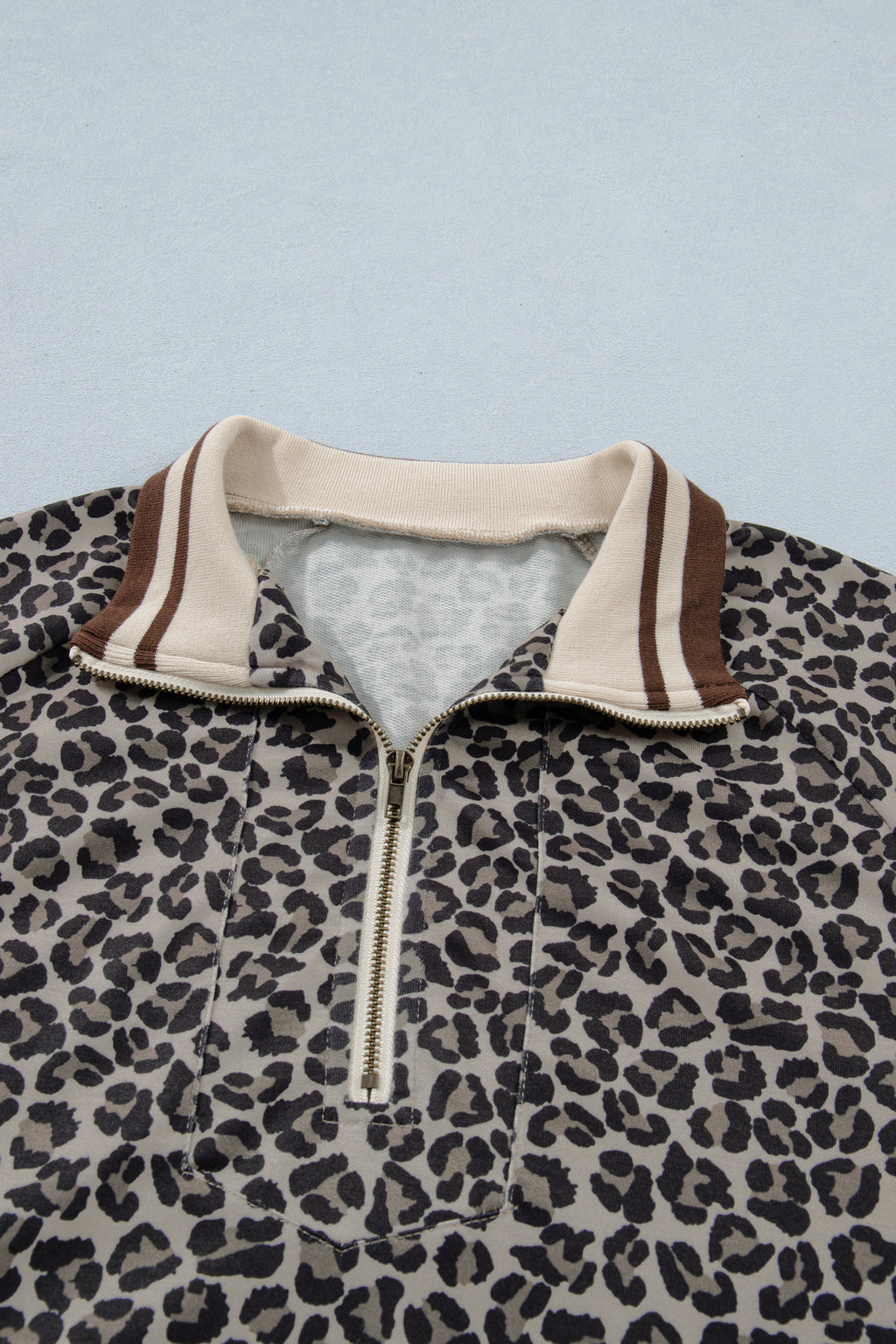 Brown Leopard Print Half Zip Striped Trim Patchwork Short Sleeve Top