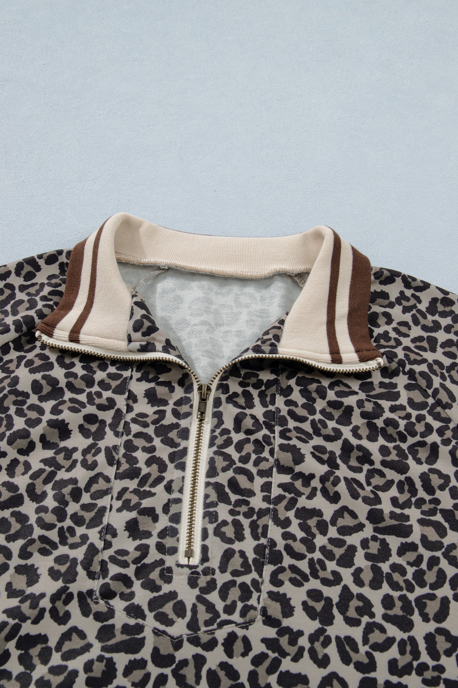 Brown Leopard Print Half Zip Striped Trim Patchwork Short Sleeve Top