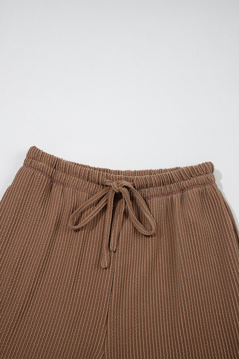 Coffee Solid Color Corded Short Sleeve Top and Casual Pants Set