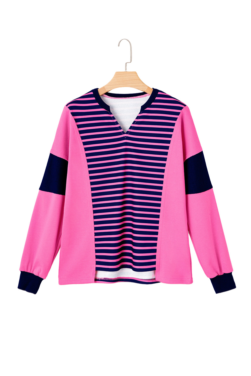 Pink Stripe Color Block V Neck Loose Fit Long Sleeve Top