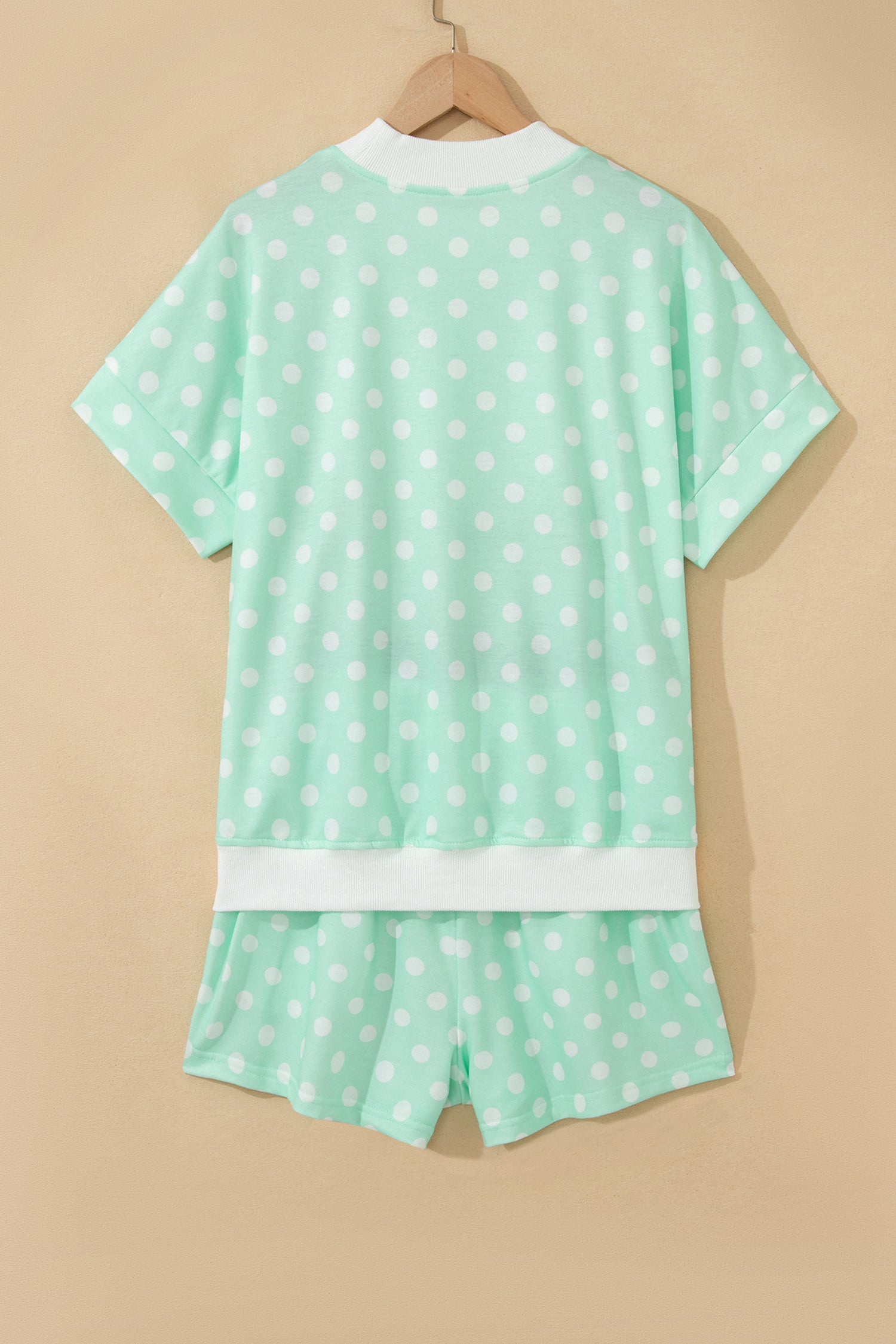 Sky Blue Polka Dot Print Color Block Trim Mock Neck Short Set