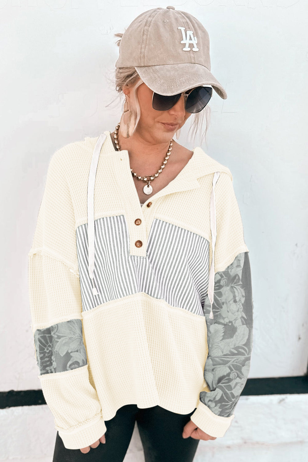 Cinnamon Waffle Printed Patchwork Drawstring Hooded Long Sleeve Top