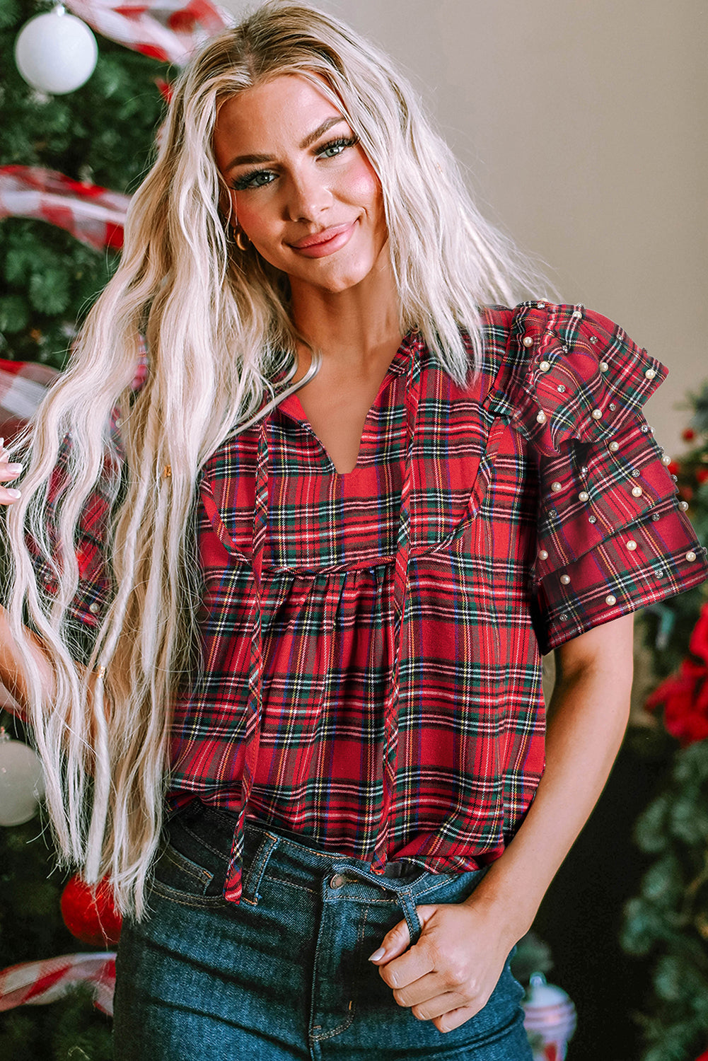 Red Festive Plaid Pearl Embellished Ruffle Short Sleeve Blouse