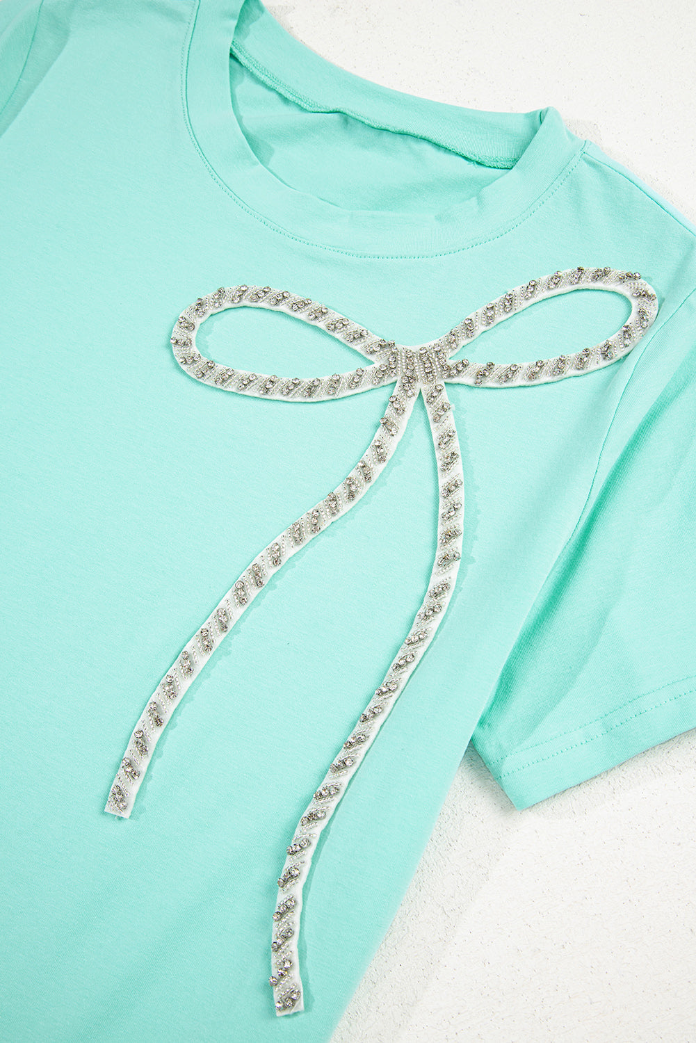 Mint Green Rhinestone Bow Embellished Round Neck Tee