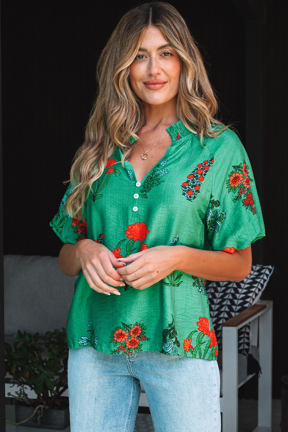 Bright Green Floral Print Buttoned V Neck Short Sleeve Blouse